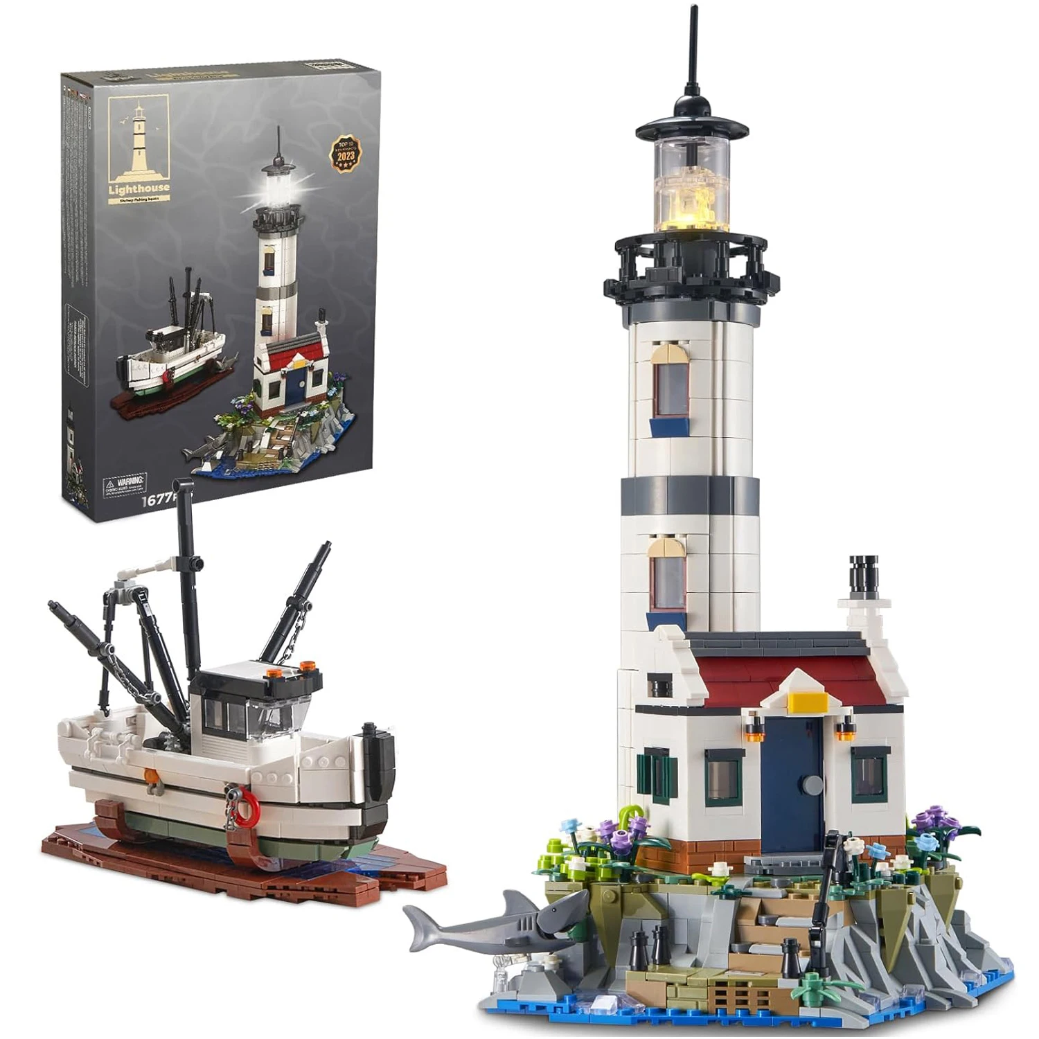 1677PCS Electric Lighthouse Building Blocks - Fisherman Rescue Boats with Light - Image 2
