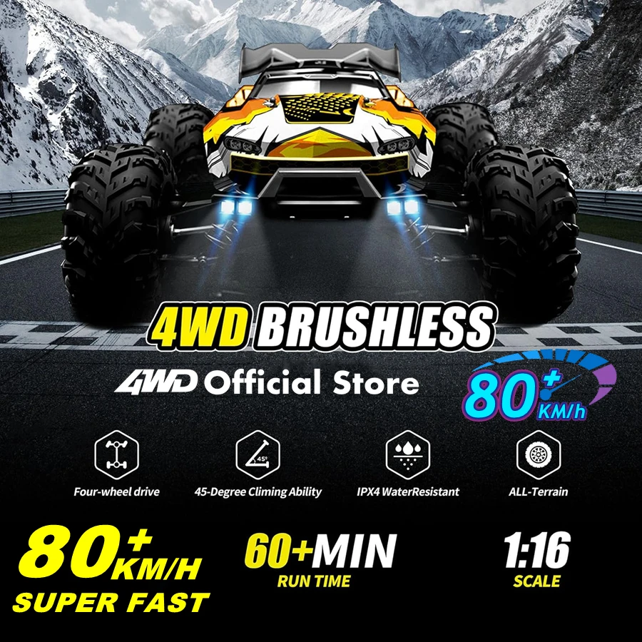 1:16 80km/h Brushless RC Drift Car With LED Lights 4WD Electric High Speed Racing Remote Control Monster Truck for Kids Adults 2